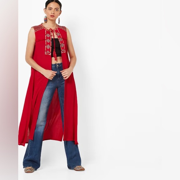 Fusion Threads Collective Red Embroidered Hand Beaded Shrug / Kurta Mirror Work - Picture 1 of 16